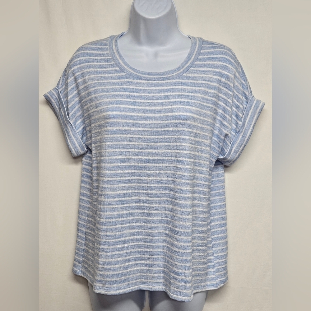 A.N.A Med Top Striped Stretch Pullover Cuffed Sleeves Scoop Neck